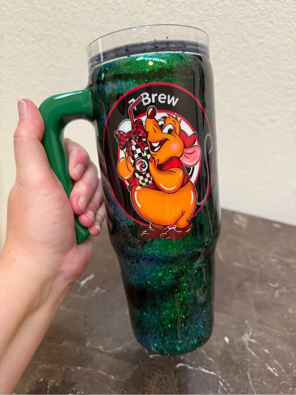 Gus Gus Seven Brew Coffee 7Brew Emerald Green Glitter Tumbler Cup 30 oz Handle
